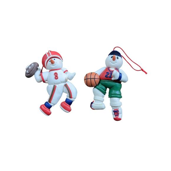 Clay Dough Christmas Holiday Ornaments Set of 2 Snowman Football/Basketball - Picture 1 of 3